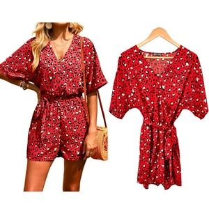 Prettygarden Leopard Print Romper Sz M Cherry Red Faux Wrap Tie Belt Pockets